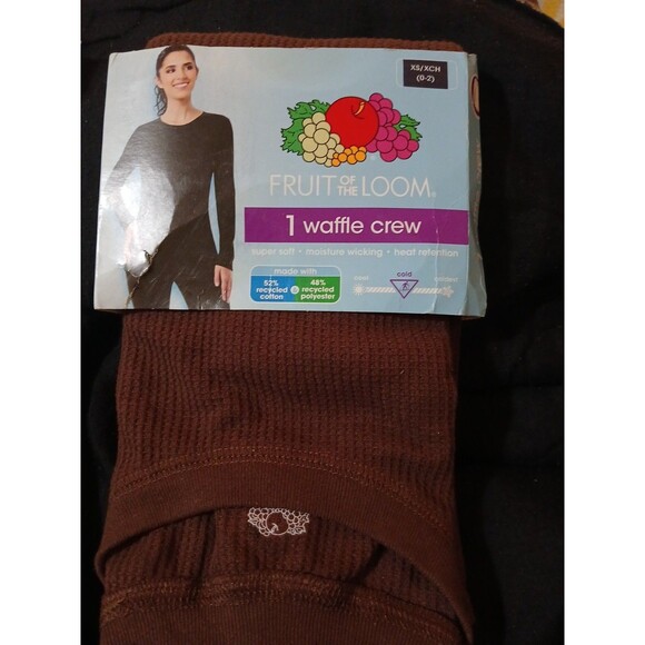 Fruit of the Loom Women's Waffle Thermal Crew Shirt Top XS Brown NEW - Picture 1 of 4